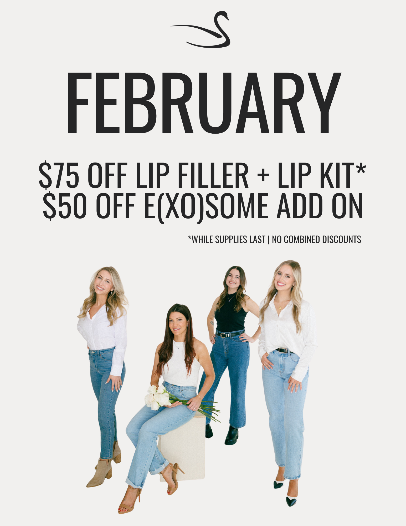February promotional flyer featuring aesthetic professionals offering $75 off lip filler and lip kit, plus $50 off E(XO)SOME add-on, highlighting beauty services like lip filler and anti-aging procedures at Advanced Aesthetics.